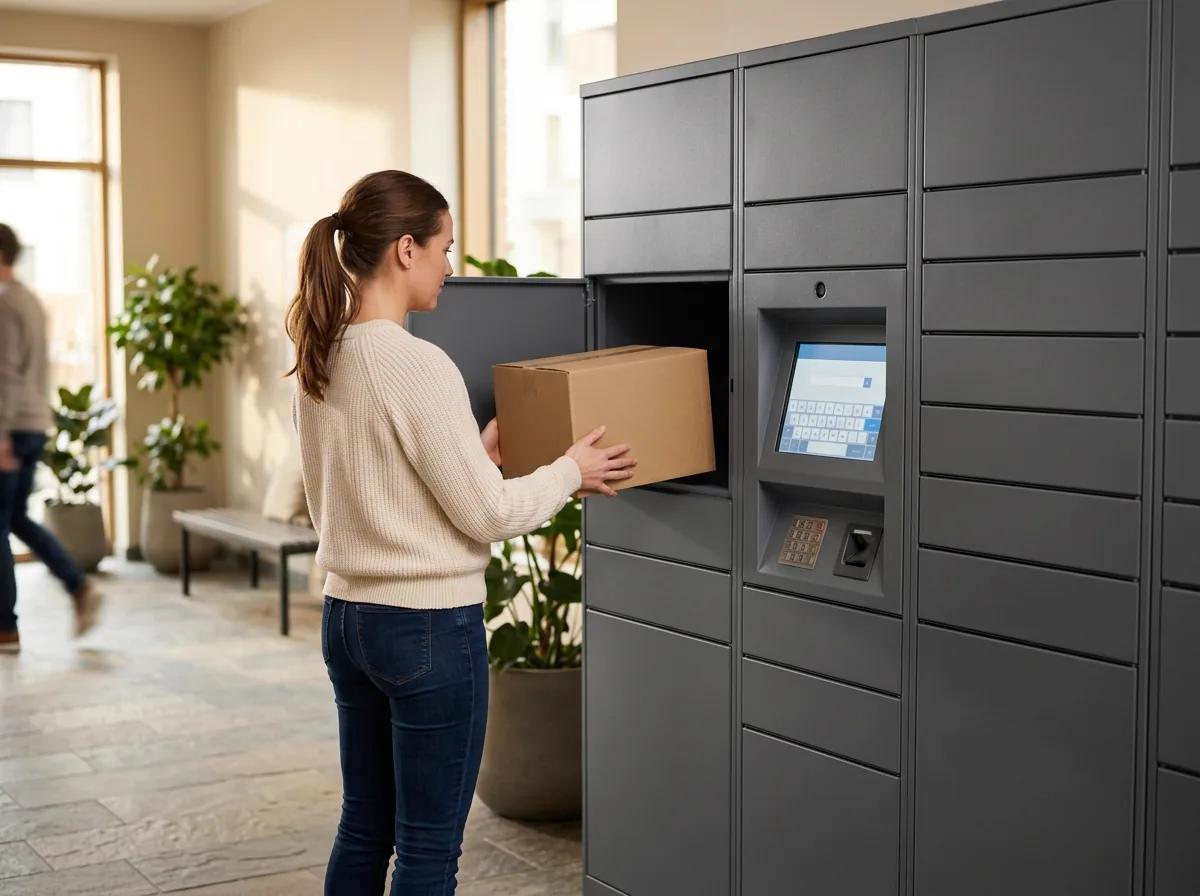 A customer loading a parcel into a grey steel parcel locker with a touchscreen terminal