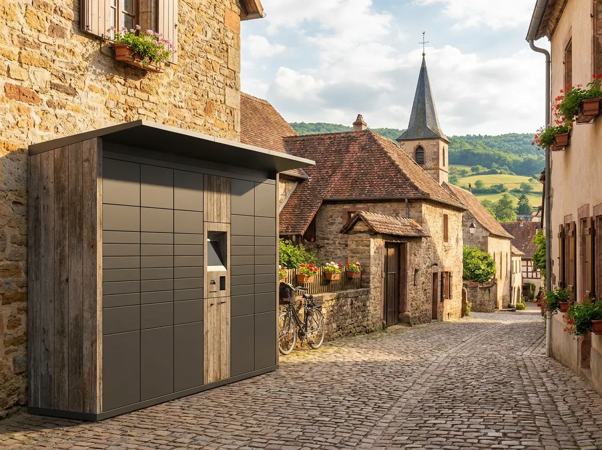 An unbranded parcel locker column standing on a village street