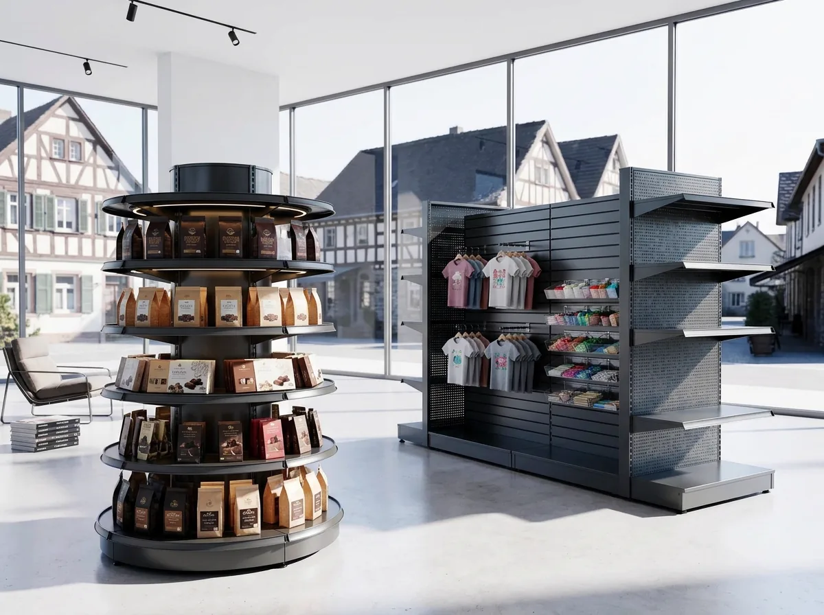 A round steel display tower and a slatwall gondola in a bright shop