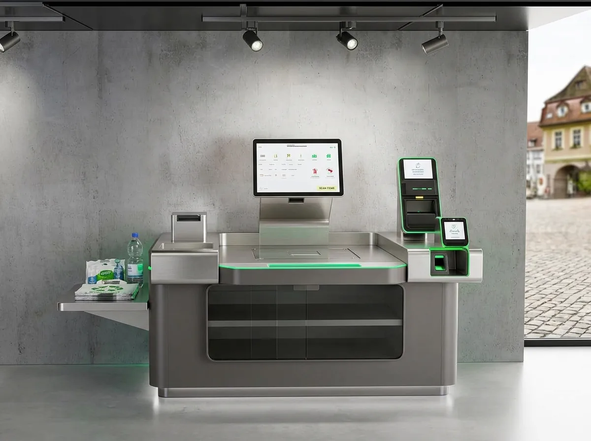 A complete self-checkout counter with screen, scanner and bagging shelf in a shop